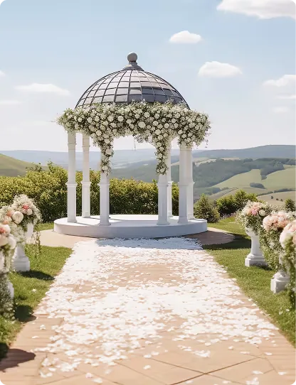 A hillside gazebo, dressed in white